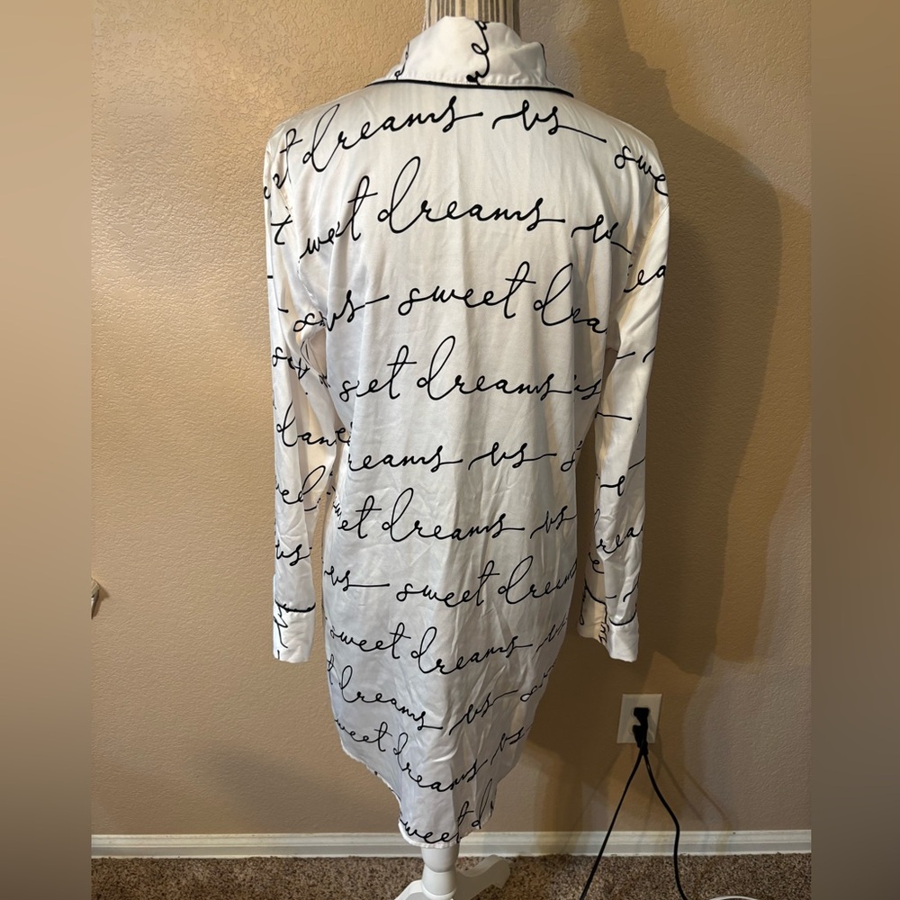 Victoria's Secret Nightgown Small White Satin Long Pajama Shirt Black Script - Picture 6 of 13